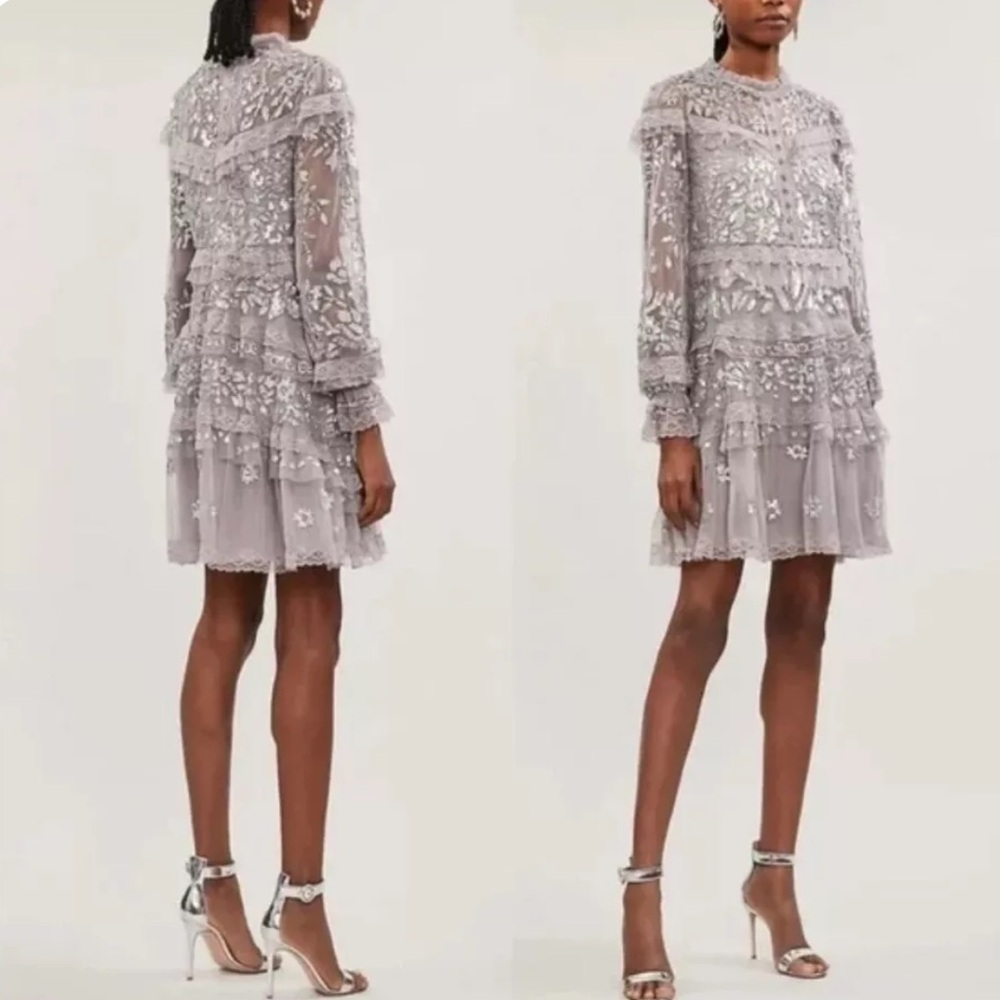 Needle & Thread Silver Lace Ava Embroidered Sequin Mini Dress